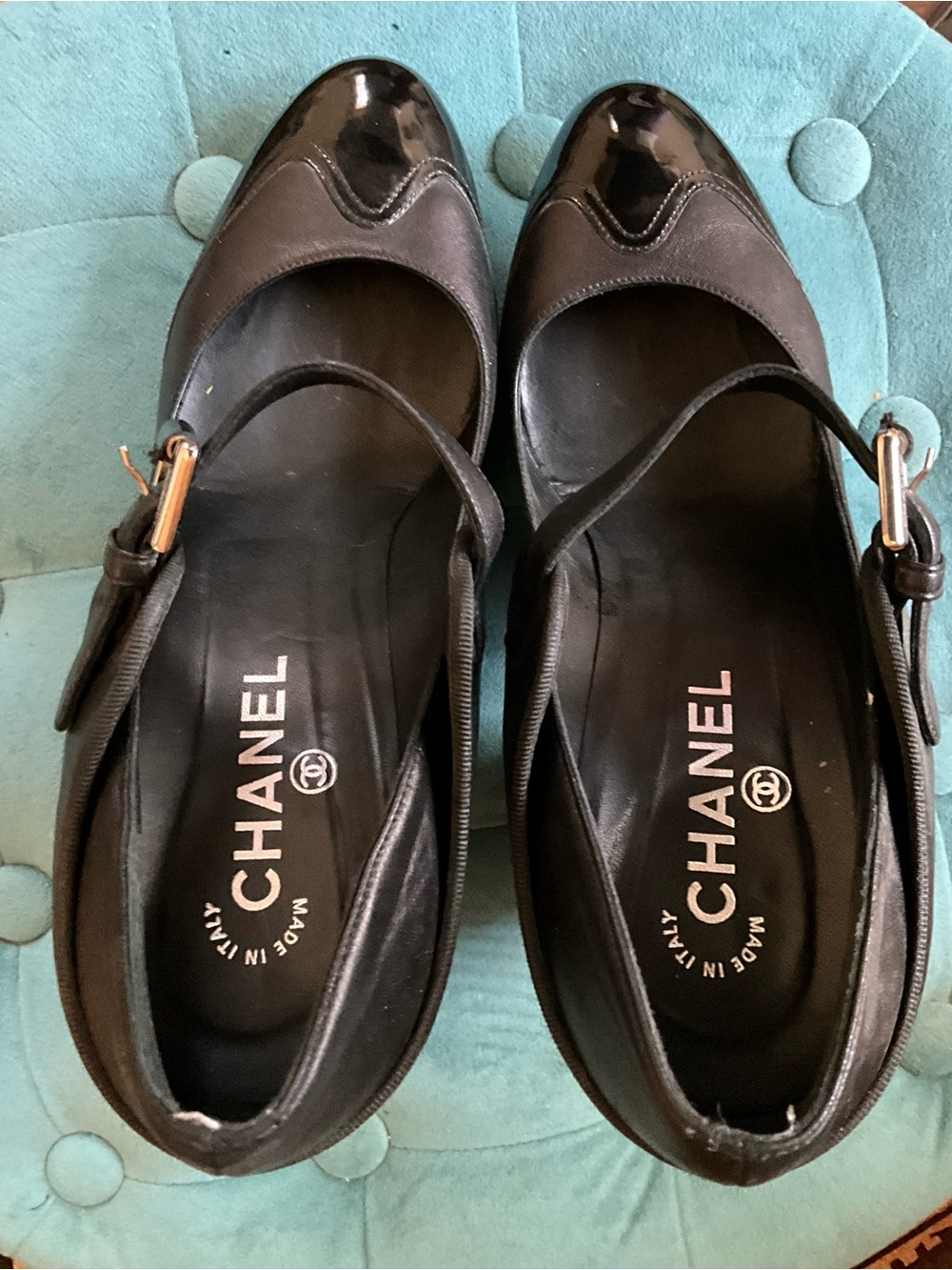 CHANEL Black Patent & Leather Mary Jane Pumps - Picture 2 of 8